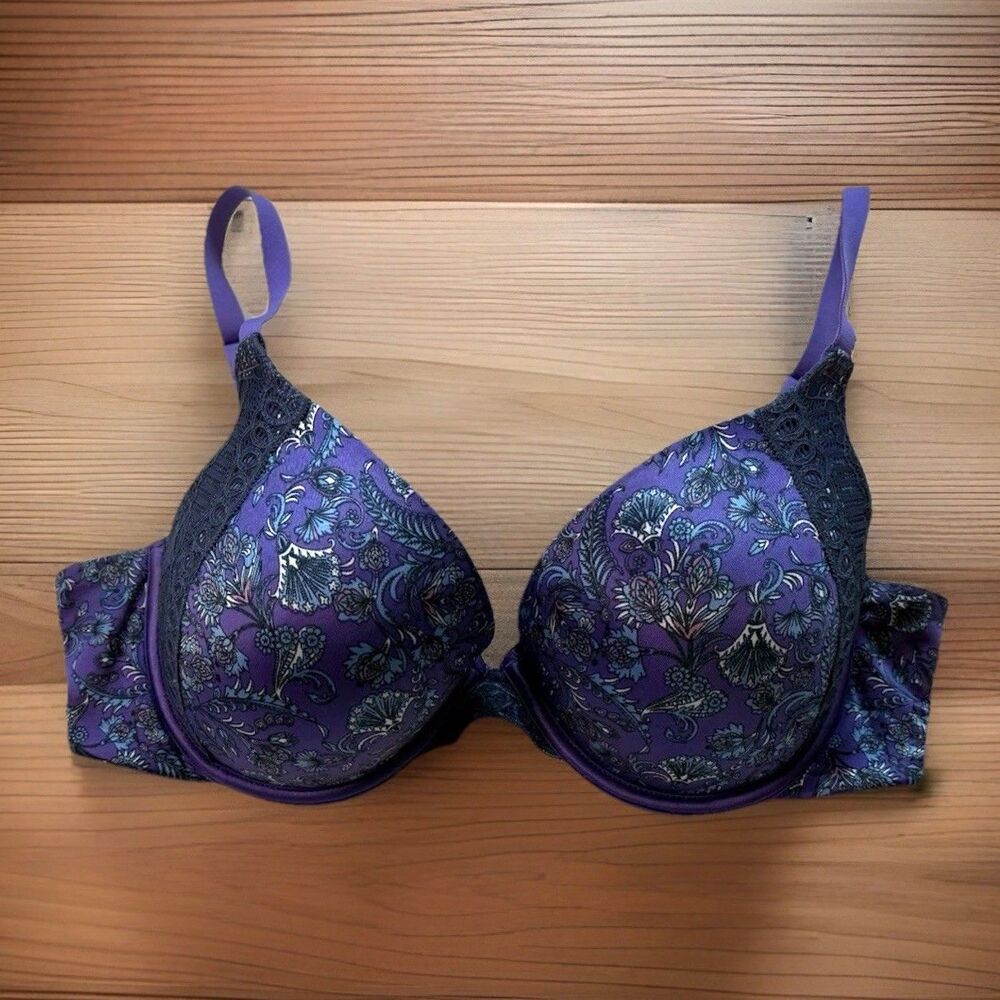 Maidenform Bra 36D Natural Boost T-Shirt Bra Push Up 09428 Demi Underwire Purple